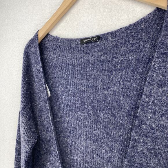 EILEEN FISHER Cardigan Sweater S Wool Stretch Deep V-Neck Button Front Blue - Picture 6 of 12